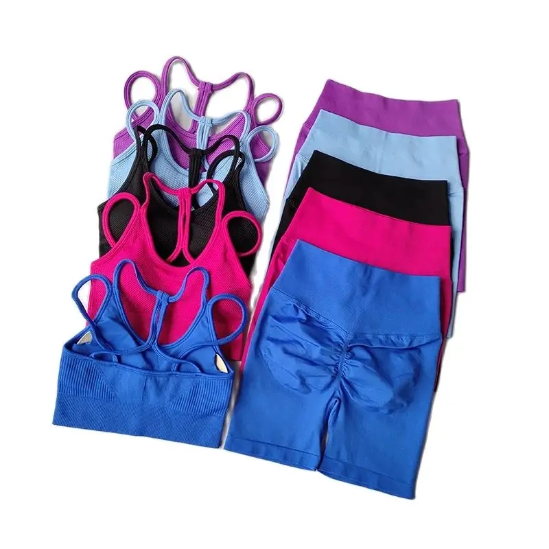 2PCS Seamless Yoga Set for Women High-Waist Butt Lifting Sportswear Workout Gym Fitness Tight Short And Sport Bra Suit image 6