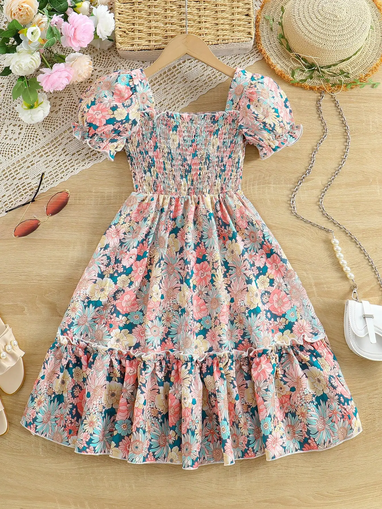 

Floral Print Smocked Waist Ruffle Sleeve A-Line Dress
