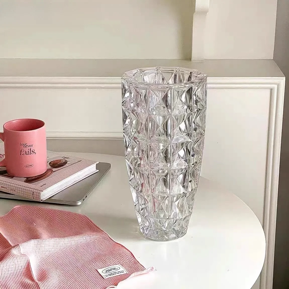 

European Sle Crystal Diamond iny Tabletop Flower Vase Living Room Decorative Flower Arrangement Glass Material Large Size