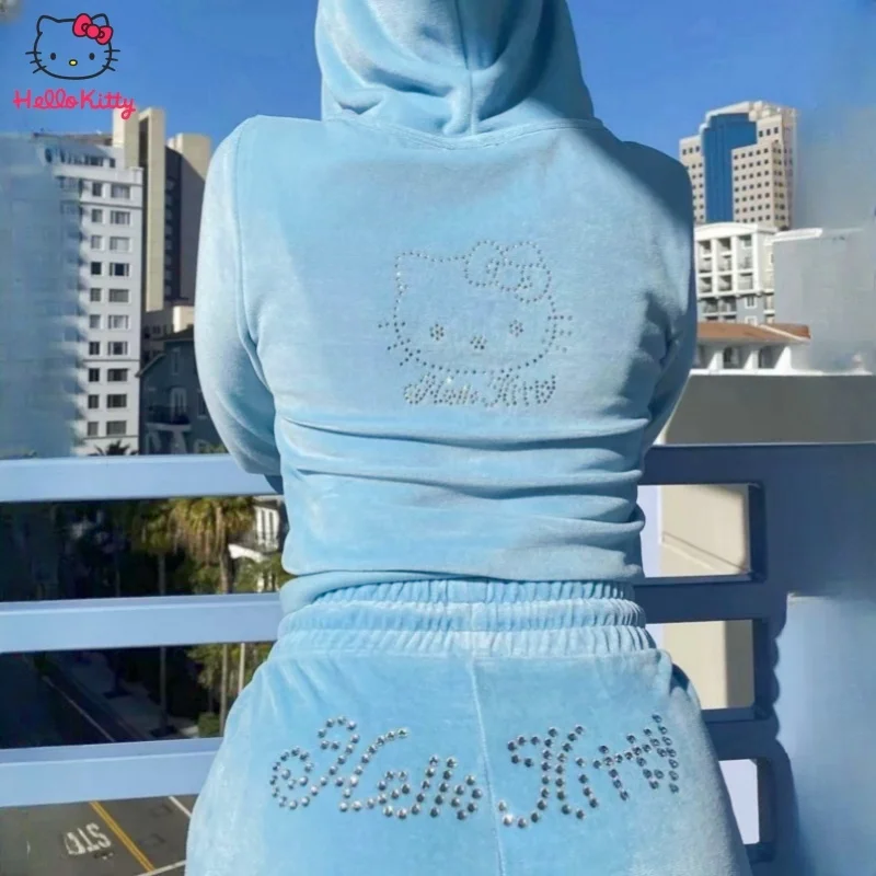 Hello Kitty Women Velvet Sweater Set Zipper Sweatpants Two Piece Hoodie Women Zipper Blue Print Velvet Set 2024 Spring New