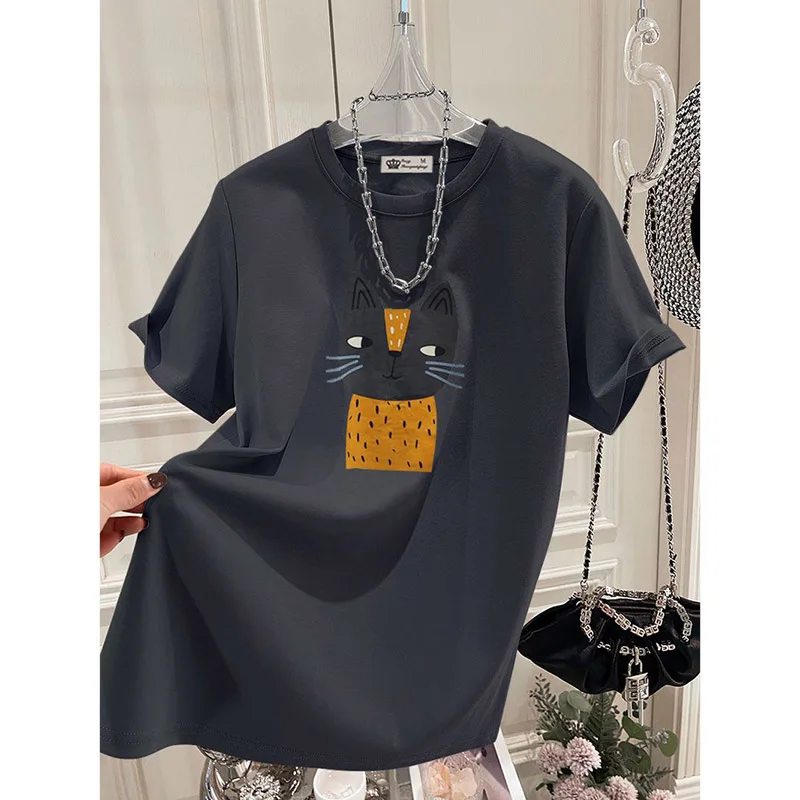 Summer New Chic Hand-Painted Cat Printing T-shirt Women Fashion Pure Cotton Short Sleeve Basic Tees Casual Loose Tops 45-105Kg