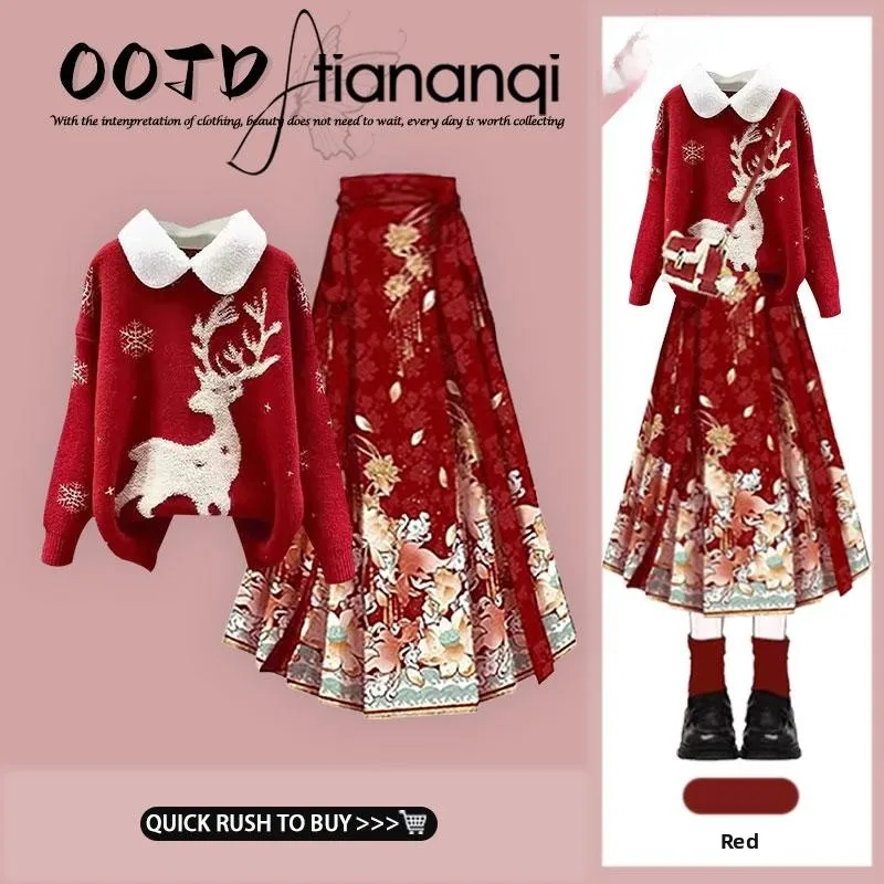 

Cisas Red Deer Collar Sweater Women's Autumn Winter Aosphere Knitted irt New Chinese Sle National Wind T ...