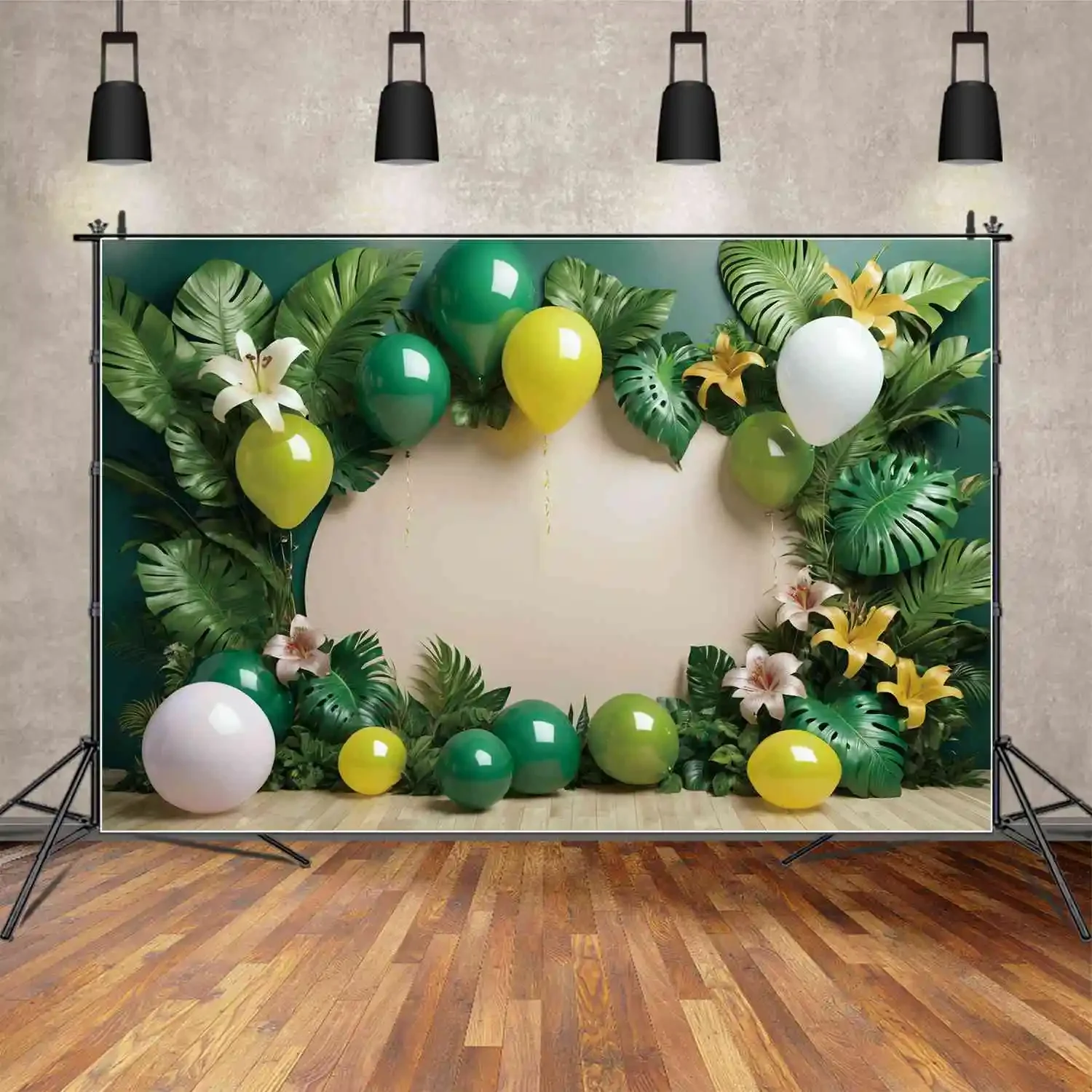 Mond. qg Hintergrund tropische Palm blatt Geburtstag Banner Photo zon Hintergrund Ballon Blume Holzbrett Dekoration Fotografie Requisiten