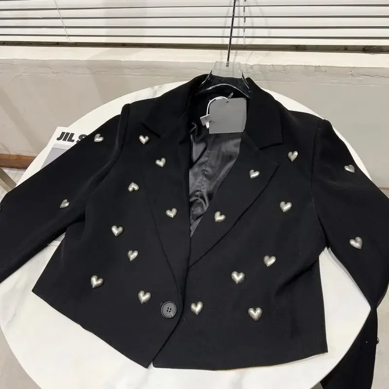 Chaqueta de traje corta en forma de corazón de Metal 3D para mujer, Blazer de manga larga negro, ropa para mujer, primavera y otoño, 2023