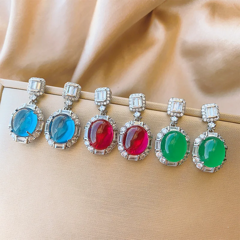 

Jewelry Gold-Plated Ice Fluorescent Red Corundum Blue Spinel Green Chalcedony Stud Earrings 10*12