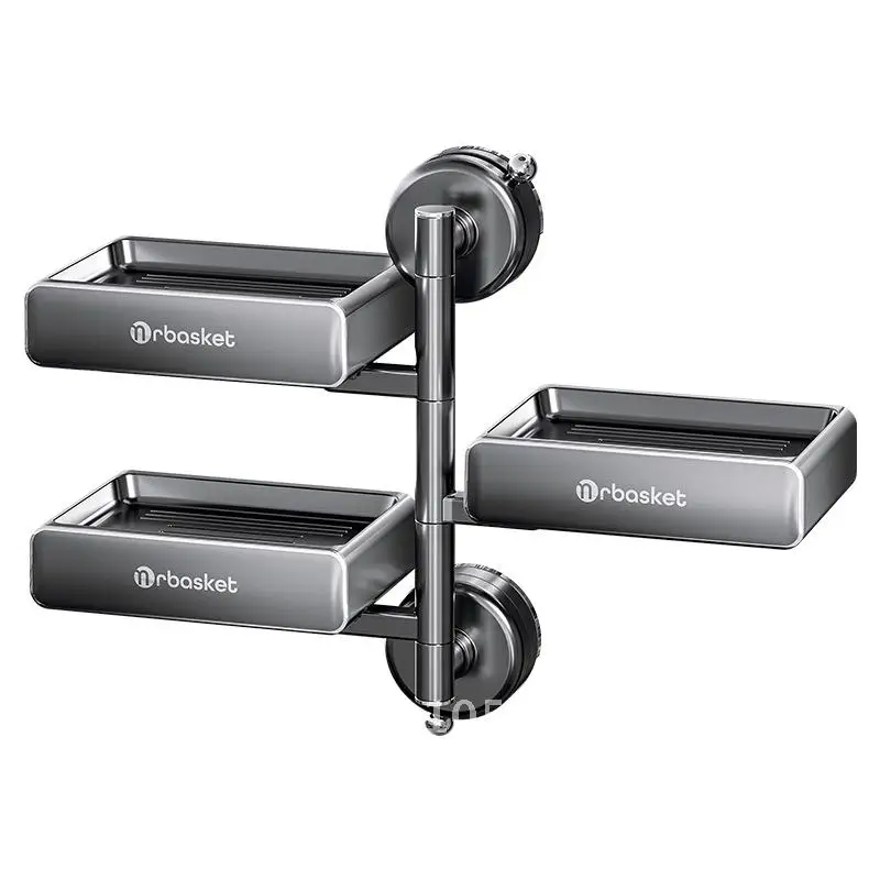 

Wall-Mounted Suction Cup Double-Layer Soap Box Non-Perforated High-End Bathroom Storage Rack PET Stainless Steel Gunmetal Gray