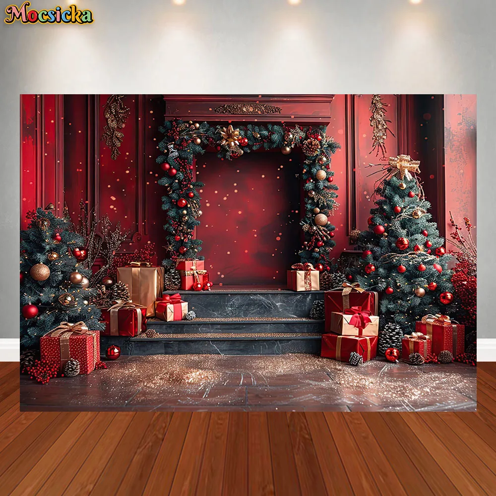 Mocsicka Photography Background Red Wooden Door Christmas Tree Gift Box Decor Boy Girl Photo Portrait Backdrps Studio Props