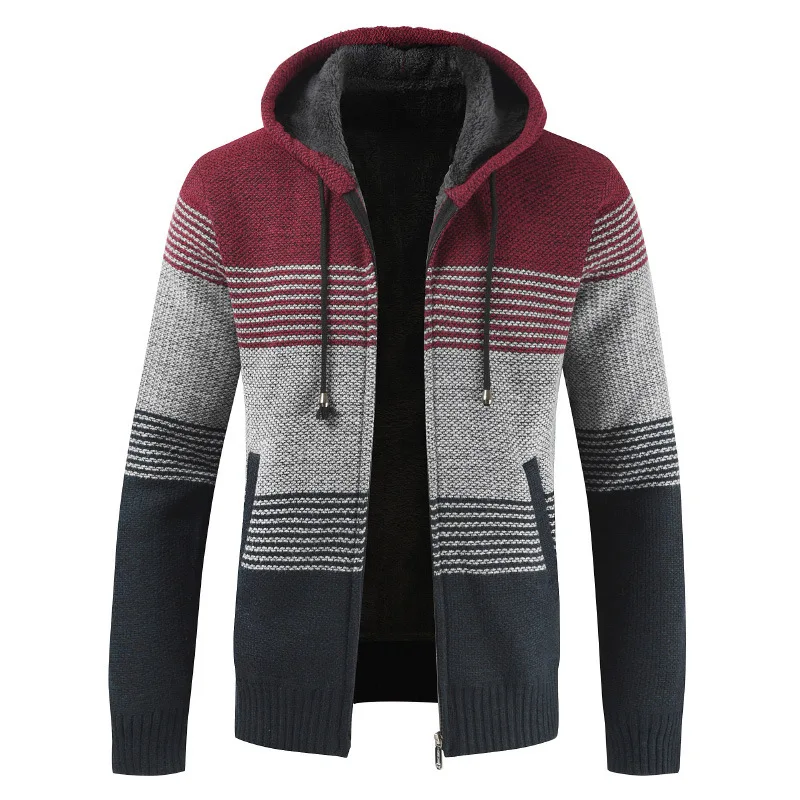 

2023 Autumn Winter Hooded Stripe Coat Thick Zipper Wool Sweater Cardigan Jumpers Mens Male Clothing Men's Sweater Coat MY276