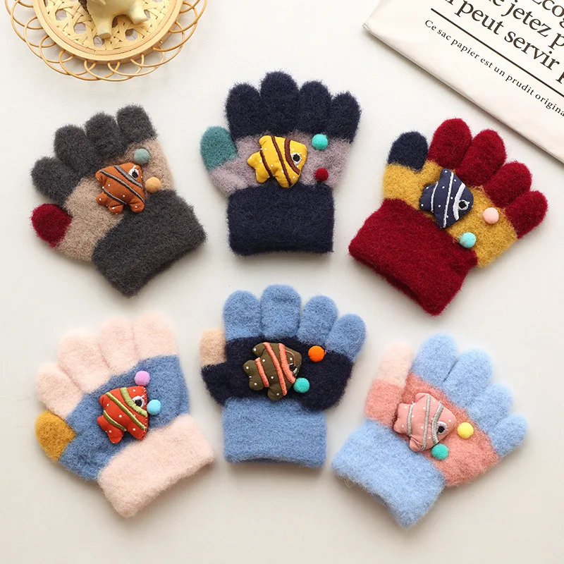 Cute Cartoon Baby Gloves Winter Warm Full Finger Mittens for Toddler Boy Girl Korean Thicken Knitted Kids Gloves