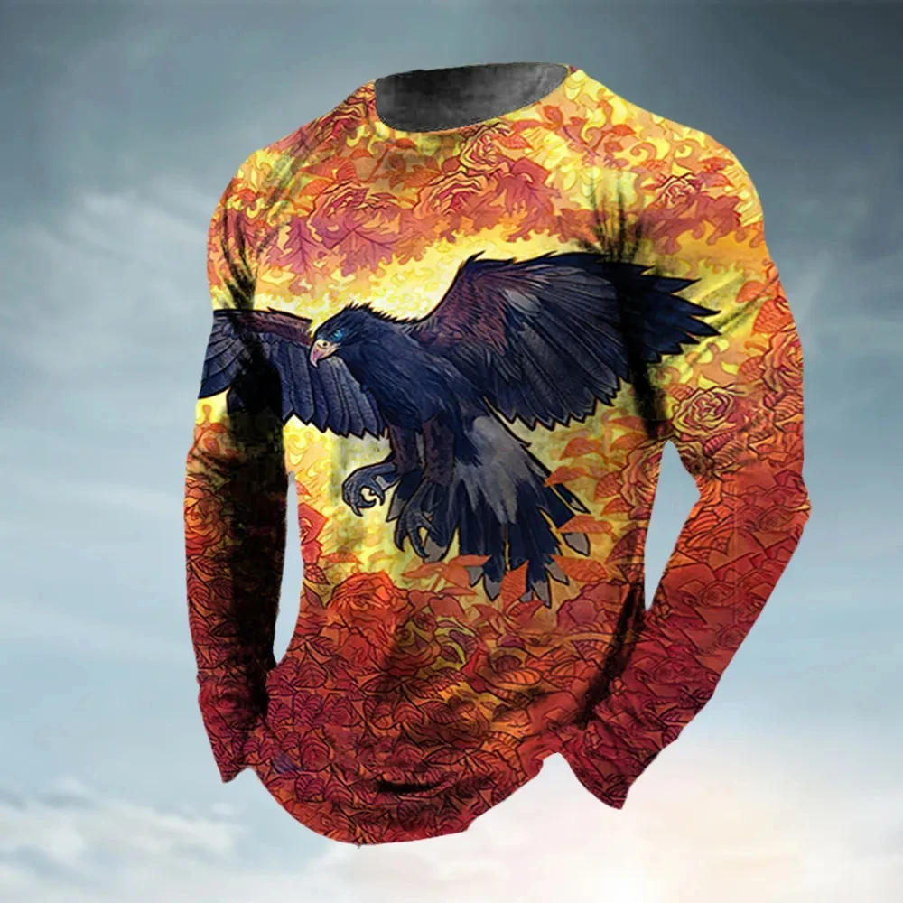 Vintage Long Sleeve Tshirts 3D Printed Animal Eagles Streetwear Loose Men Round Neck Street Harajuku Oversized TShirt Clothes