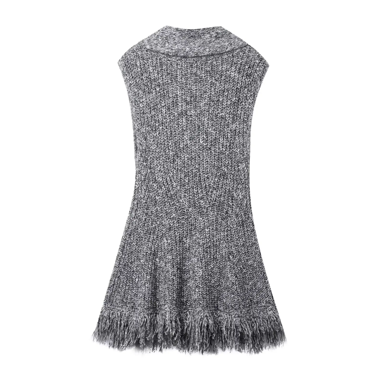 Women Scarf Collar Knitted Dress Female O-Neck Sleeveless Mini Dress Lady Fashionable Hem Tassel Burr Design Street Sweater Dres