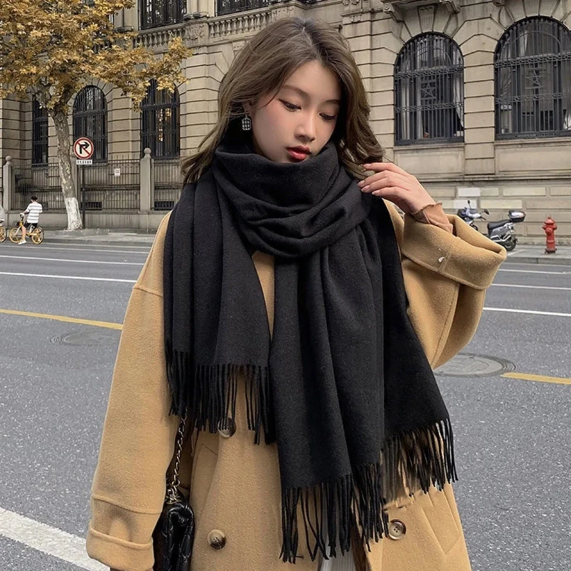 Faux Cashmere Scarf, Solid Color Thickened Long Scarf, No Pilling in Autumn and Winter, Tassel Shawl for Women