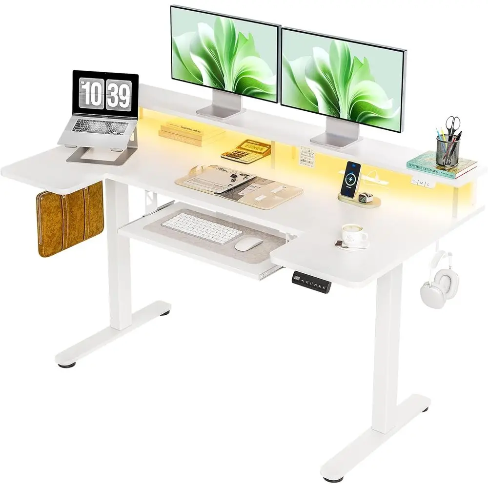 

55 White Electric Height-Adjustable Desk with Keyboard Tray, Power Outlets & LED Lights for Home/Office Use Customized