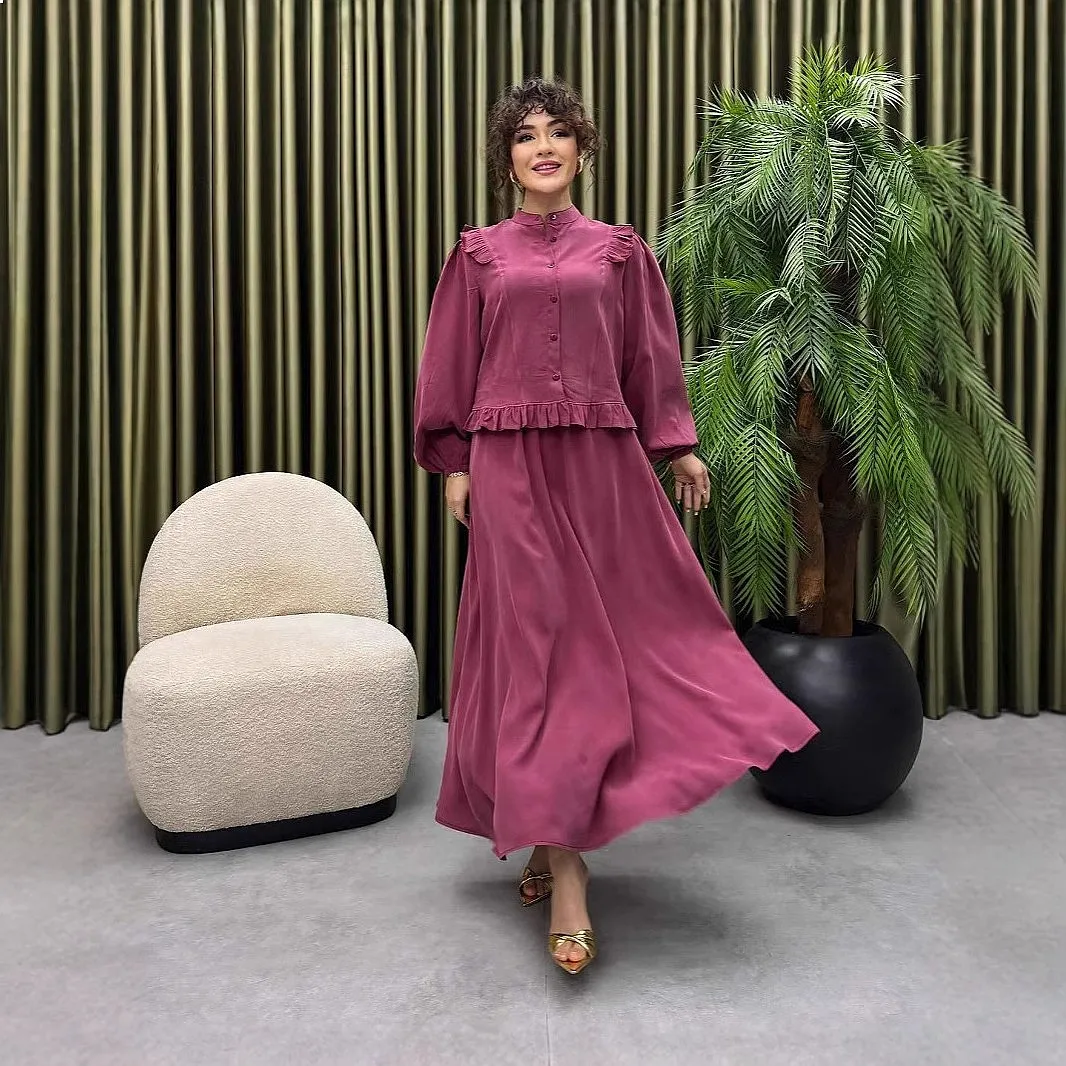 Elegant Long Sleeve Blouse Top and Midi Skirt Matching Set Spring Summer Women Two Piece Outfit
