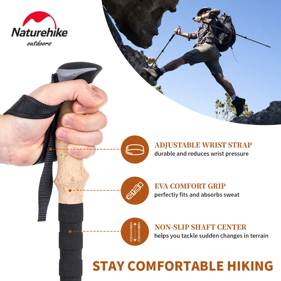 عصي تسلق من Naturehike، 2 قطعة من ألياف الكربون القابلة للطي والتلسكوب، خفيفة الوزن للمشي لمسافات طويلة والتسلق - 4