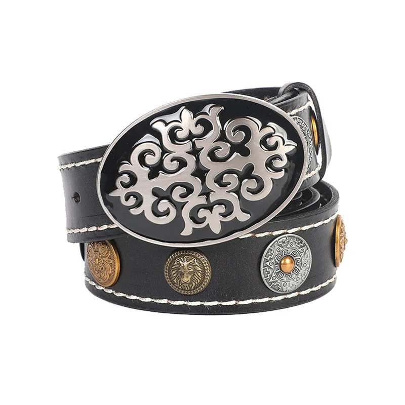 (Ta-weo) Punk Rock Men's Genuine Leather Belt Kazakh Ethnic Style, Unisex Retro Belts For Women