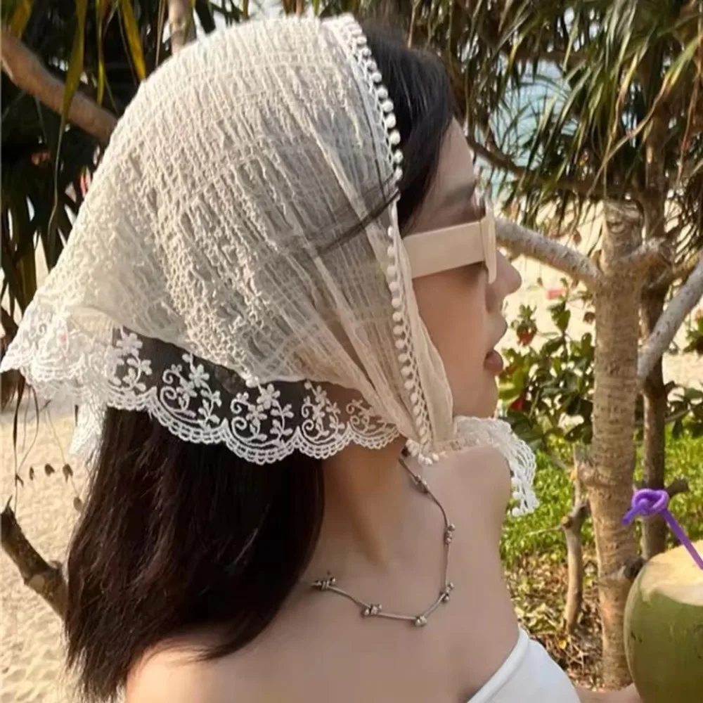 French Chic Alice White Floral Lace Hair Scarf Wraps Women Retro Triangle Headscarf Hat Travel Photo Headband Hair Accessories