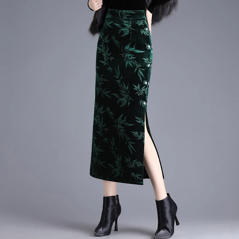 ZUZK Velvet Printed Bodycon Skirt Elacstic High Waist Straight Cut Mid Length Slit Women's Autumn Winter New Fashion Step Skirt