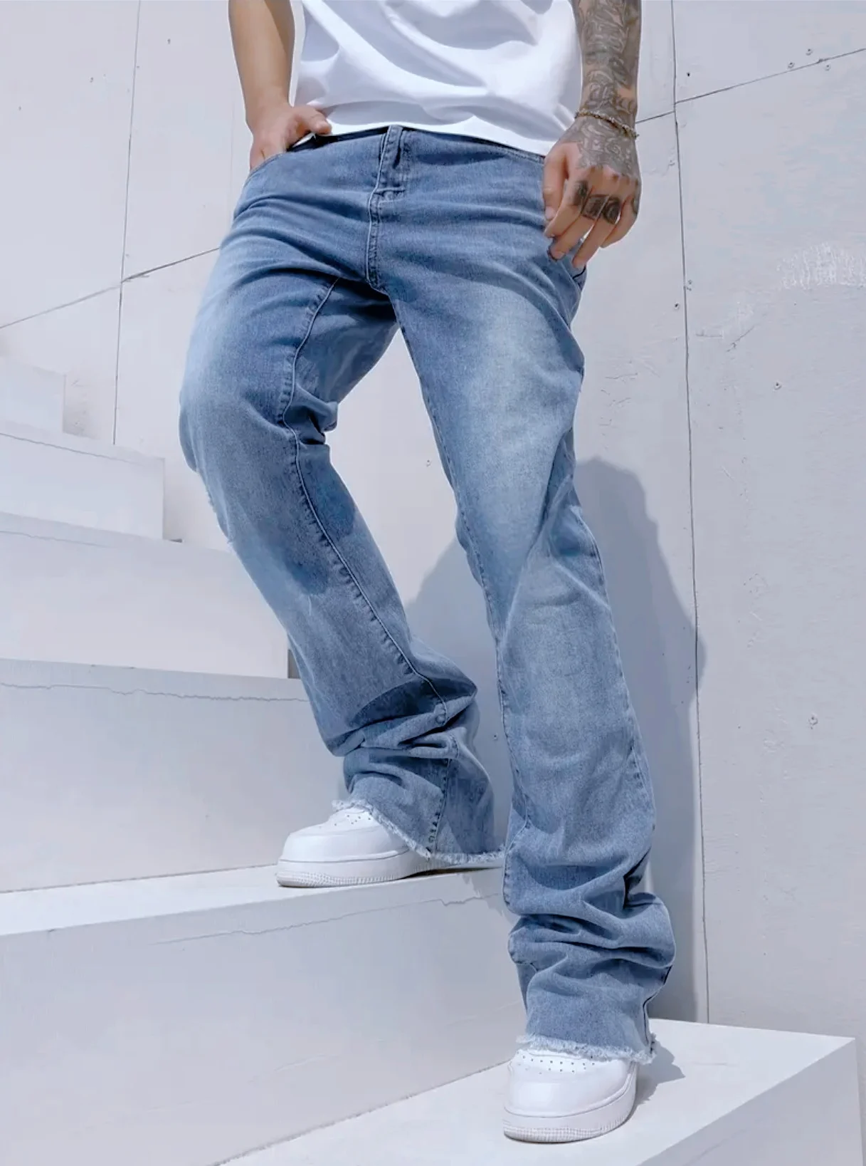 Slim Straight Jeans Men Sky Blue Fringe Cuff Detail Jeans Classic Mid Waist Solid Tone All Season Long Pants Urban Daily Stylish