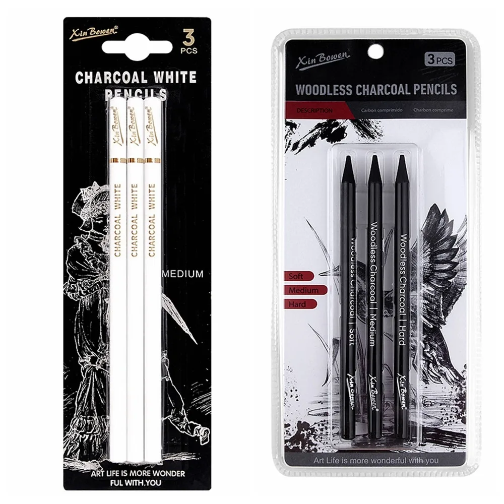 3Pcs Soft/Medium/Hard Charcoal Pencils Set Drawing Pencil Art Supplies Charcoal Pen Sketch Pencil White/Black Professional