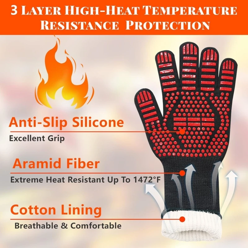 BBQ Gloves 1472°F Extreme Heat Resistant Grilling Gloves Non-Slip Fireproof Kitchen Oven Mitts for Cooking Frying Baking Smoking