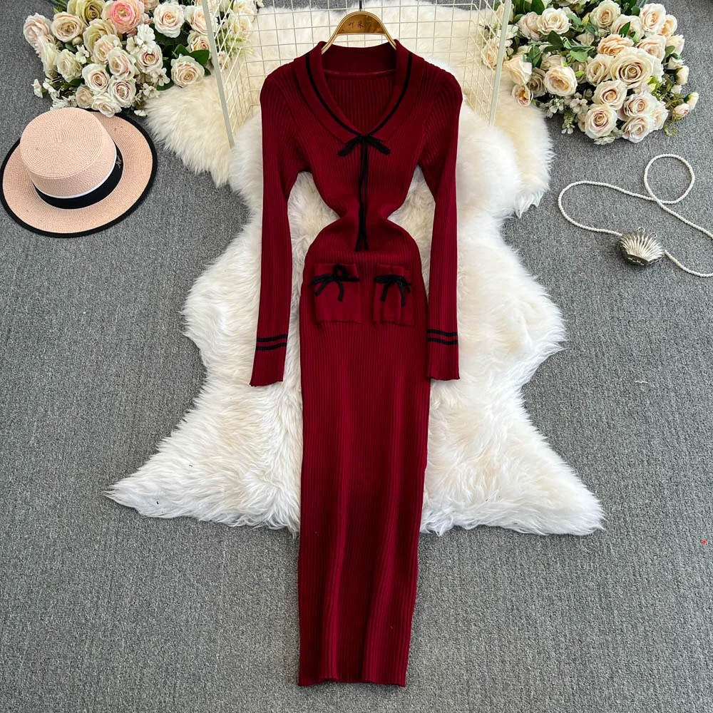 YuooMuoo Chic Fashion Sexy Wrap Hips Sweater Dress 2024 Autumn Winter French Style Slim Elastic Knitted Maxi Dress Party Vestido