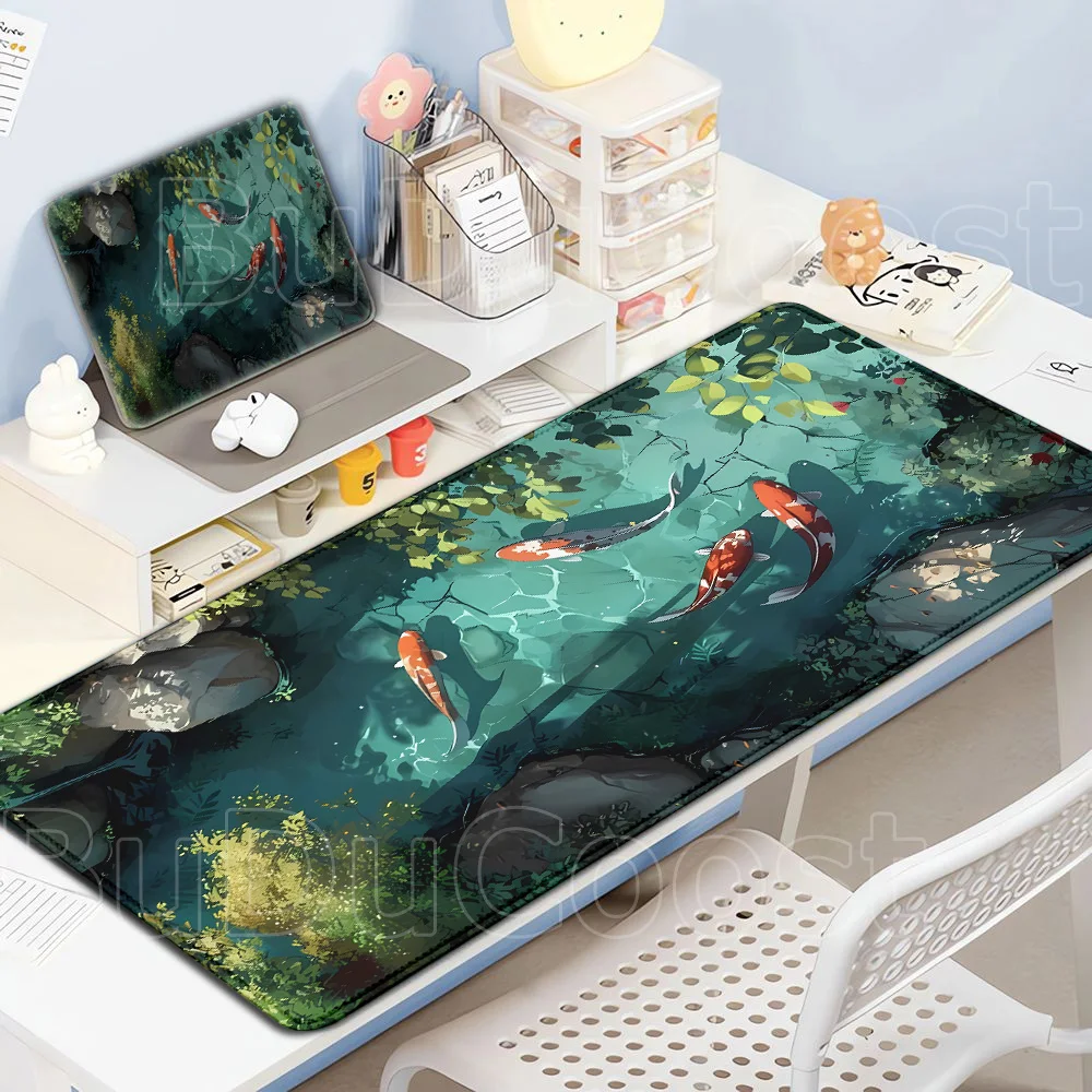 

Green Pond Mousepad E-sports Non-slip Cute Plant Koi Mouse Mat Anime Kawaii Cartoon Mouse Pad Game Laptop Mat Large PC Desk Mats