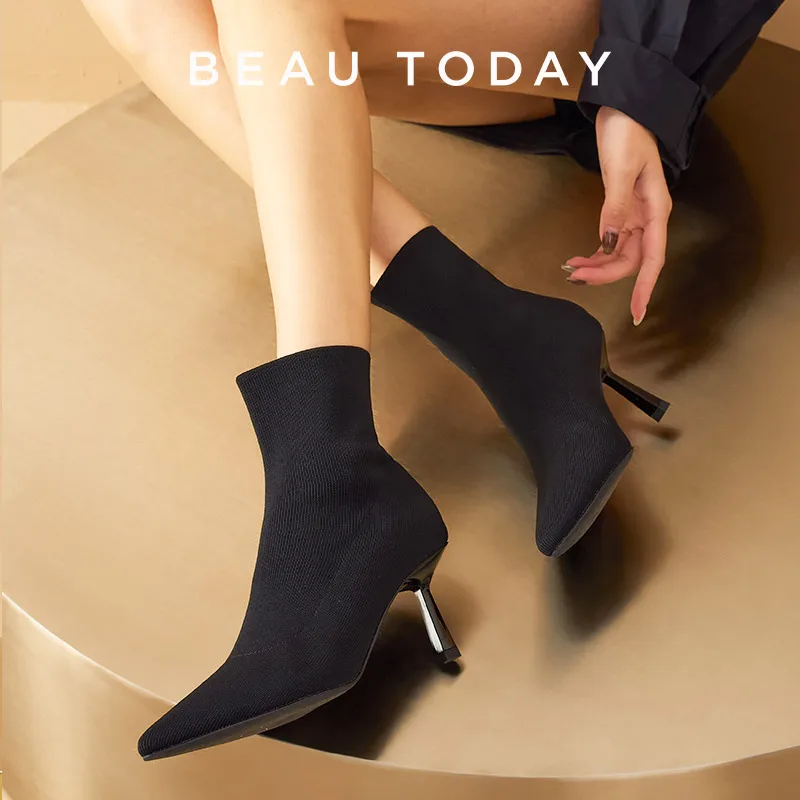 BEAUTODAY High Heel Modern Boots Women Fabric Pointed Toe Black Color 2023 Spring Retro Elegant Ladies Shoes Handmade 03925