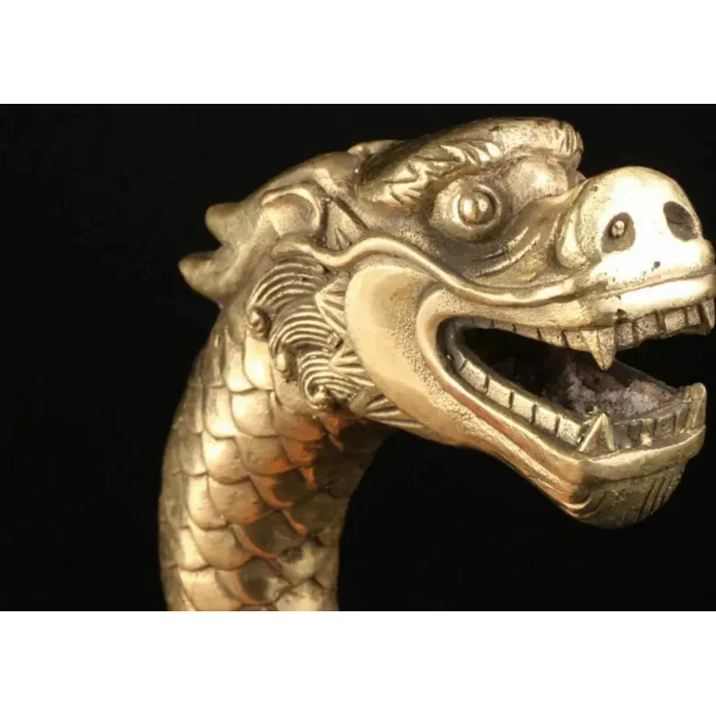 CHINESE OLD COPPER HAND CARVED FEROCITY DRAGON STATUE WALKING STI HEAD