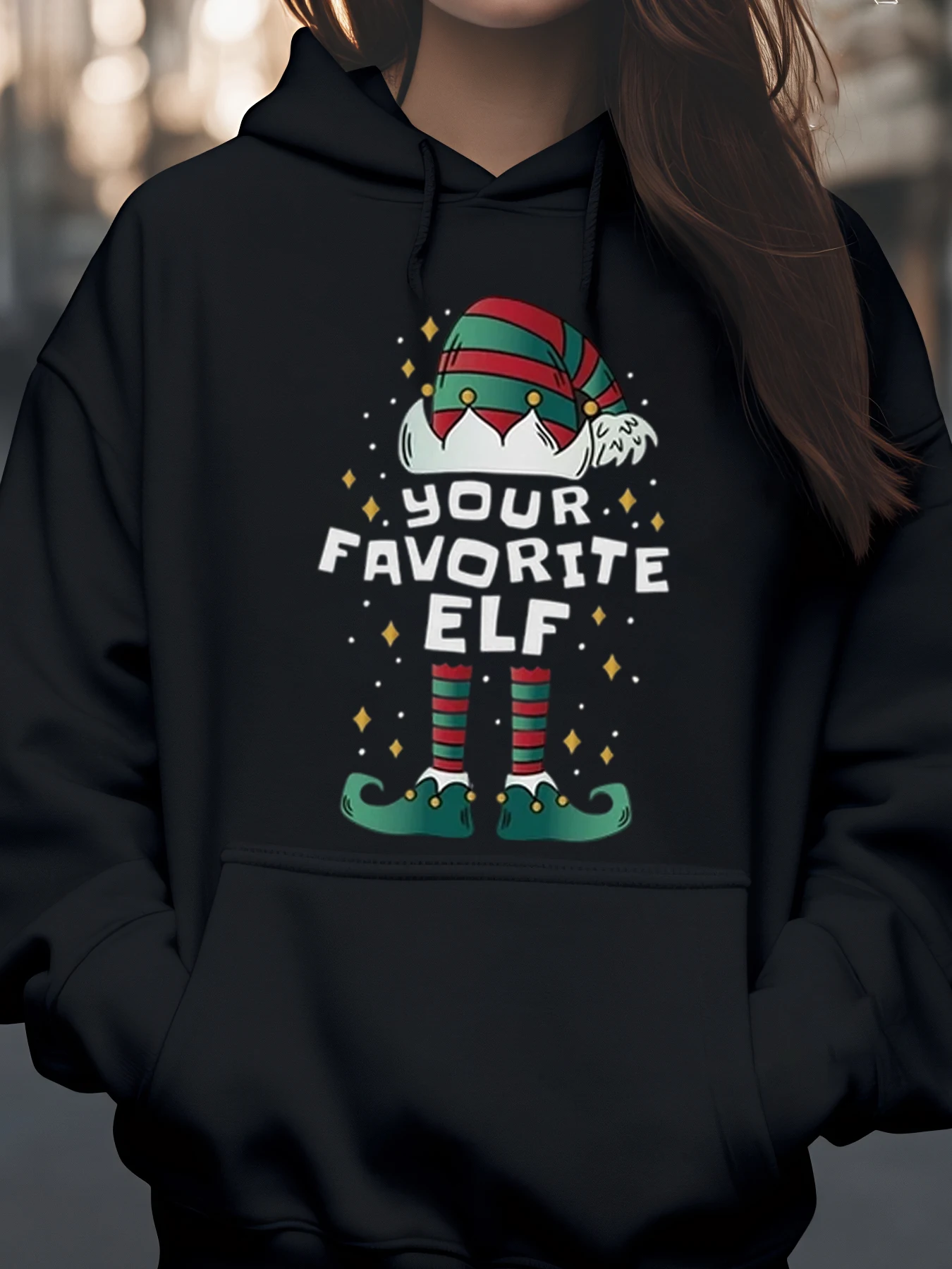 

Рождественская толстовка с капюшоном и принтом эльфа, праздничная одежда для женщин