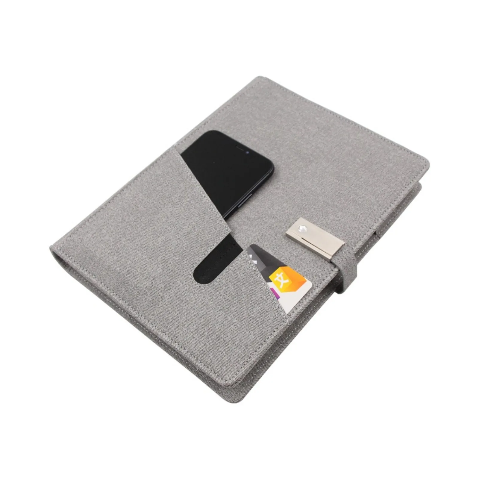 A5 leather diary notebook, can charge mobile phones, hardcover diary with pocket, - gray