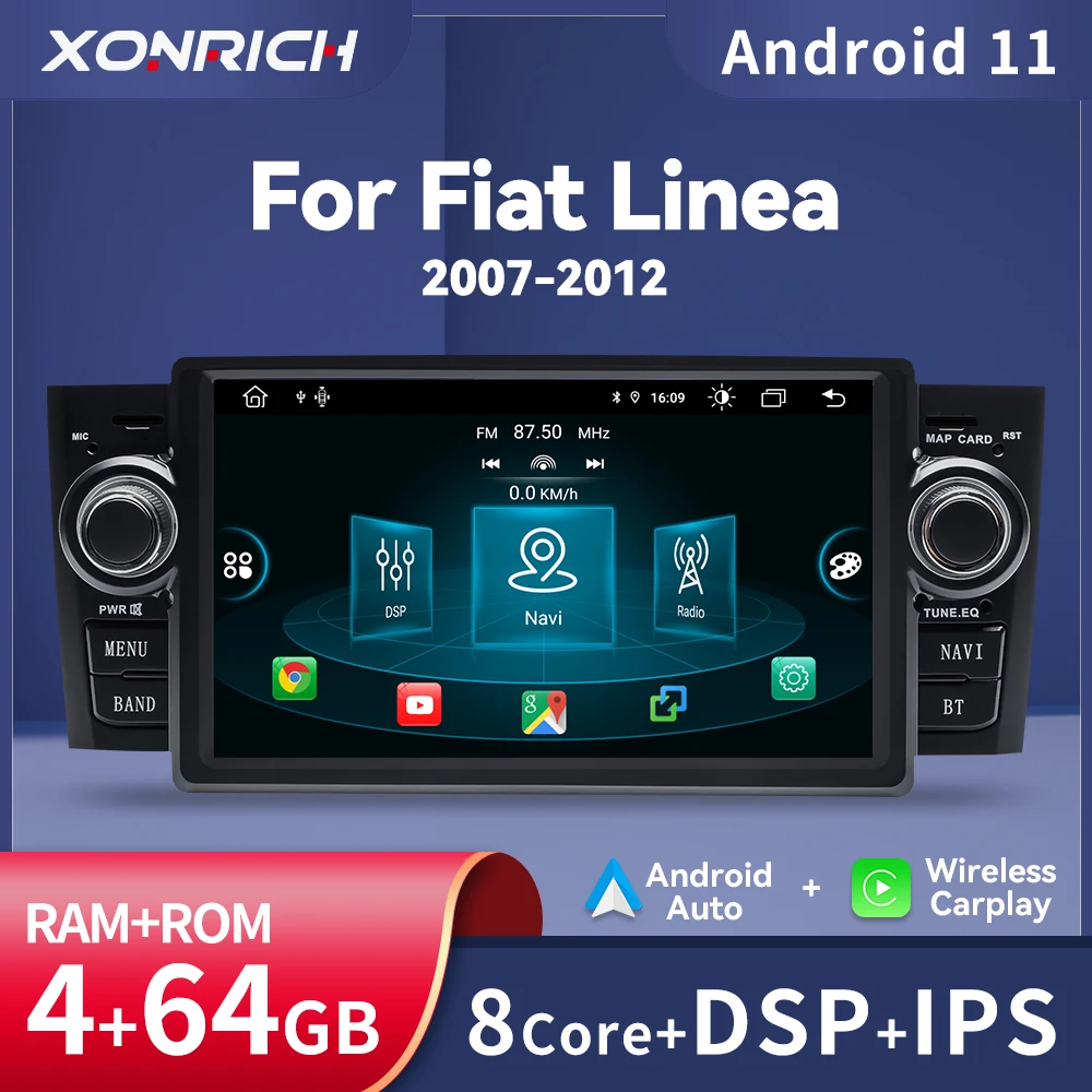 Wireless Carplay 4G 64G Android11 2Din Car Multimedia Player For Fiat Grande Punto Linea 2007-2012 Auto Radio GPS Navigation DSP