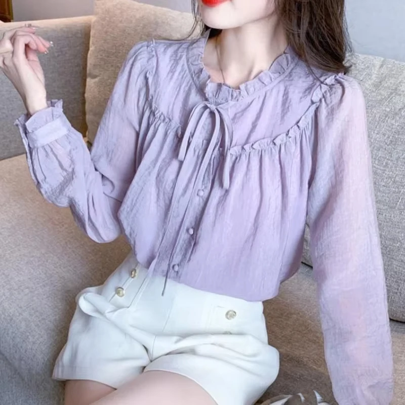 الأرجواني الإناث بلايز طويل القامة كامل كم طويل اليابانية Harajuku موضة بسيطة رخيصة أنيقة جميلة مع القوس قميص نسائي وبلوزة