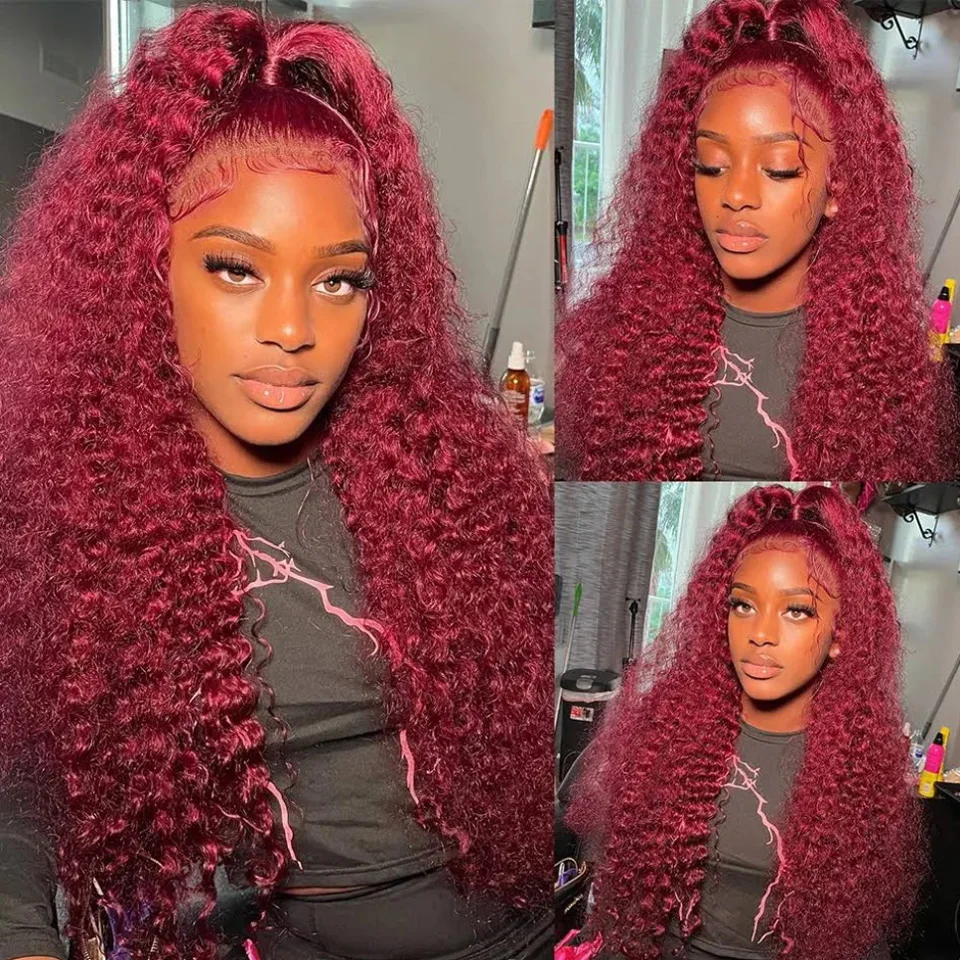 Perruque Lace Front Wig naturelle bouclée, cheveux humains, couleur rouge bordeaux 360, 13x6 HD, 30 32 34 99j, 13x4