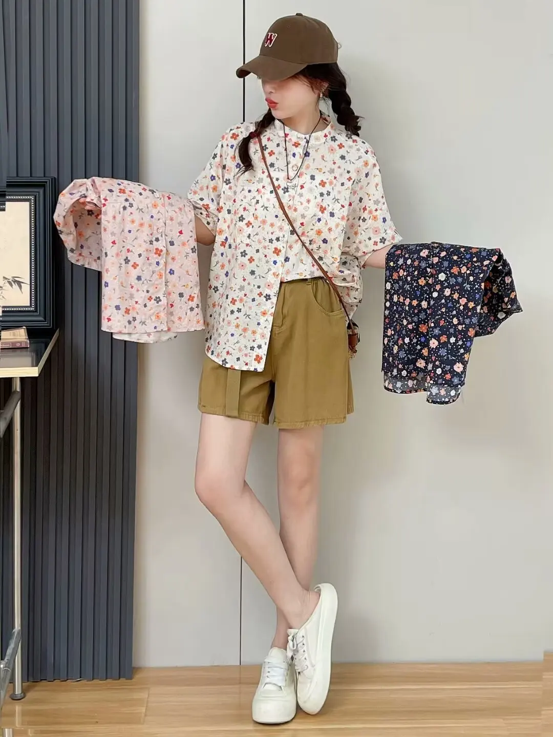 

Женские рубашки и блузки с воротником-стойкой и коротким рукавом, розовые, темно-синие, белые рубашки с принтом, хлопковый топ, женская одежда в Корейском стиле