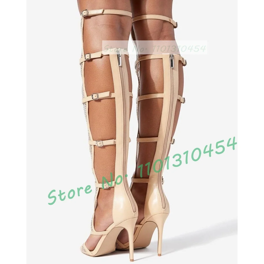 Crystal Mesh Long Sandals Women Summer Belt Buckles Puttee Shiny High Heels Ladies Casual Party Nude Sexy Feminine Peep Toe Shoe