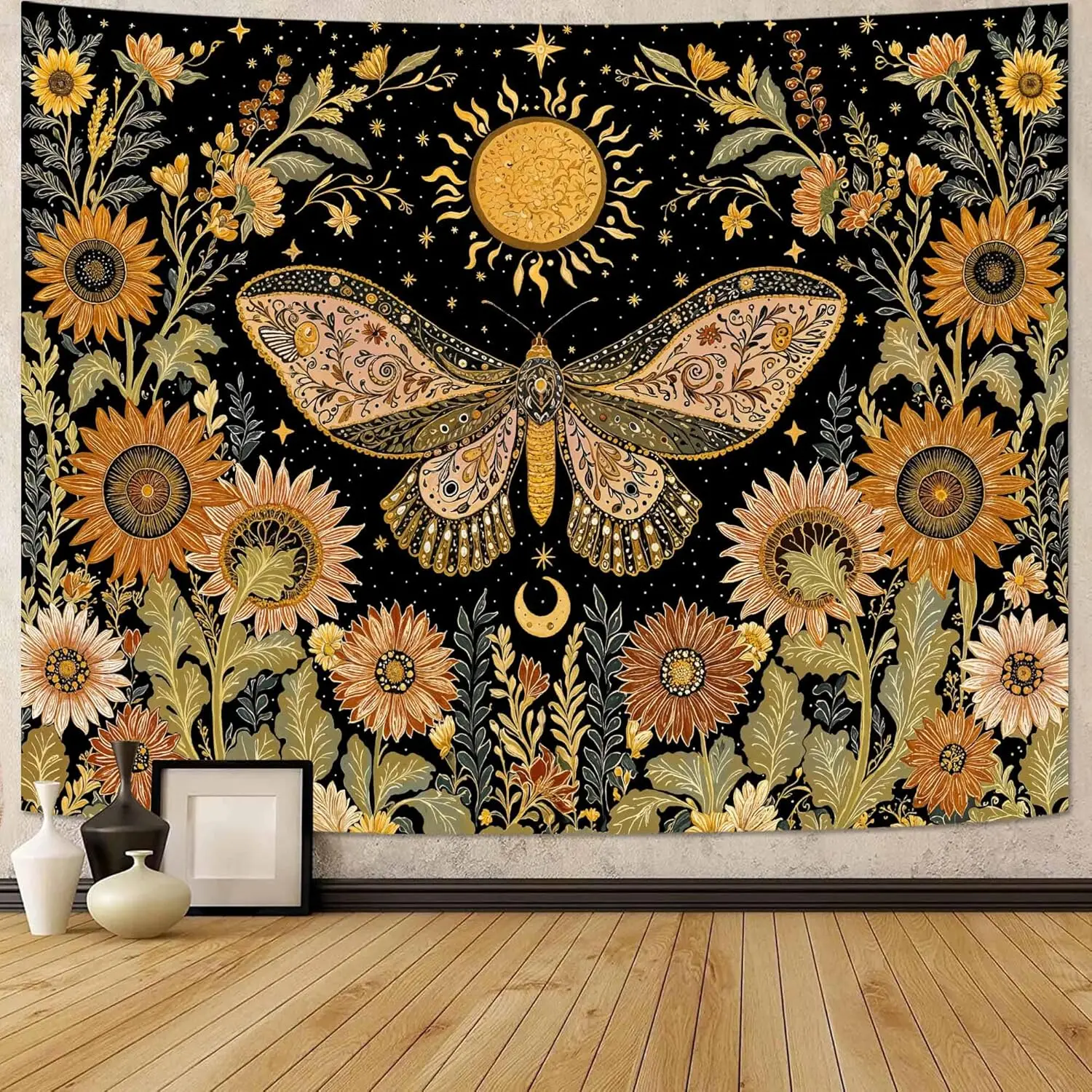 VIKAMA Yellow Butterfly Moonlight Flower Tapestry Retro Bohemian Style Living Room Dormitory Wall Hanging Home Decor