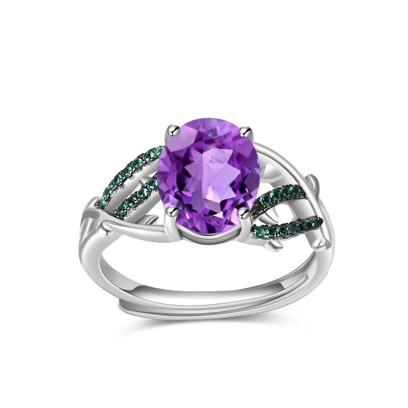 

S925 Sterling Silver with Natural Coloured Amethyst Ring Thorn Bud Ring Adjustable