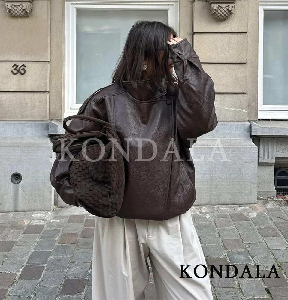 

KONDALA Fall Stand-up Collar Leather Jacket Women Retro Brown Zipper Jacket Coat 2025 Autumn Winter Fashion Casual Loose Jacket