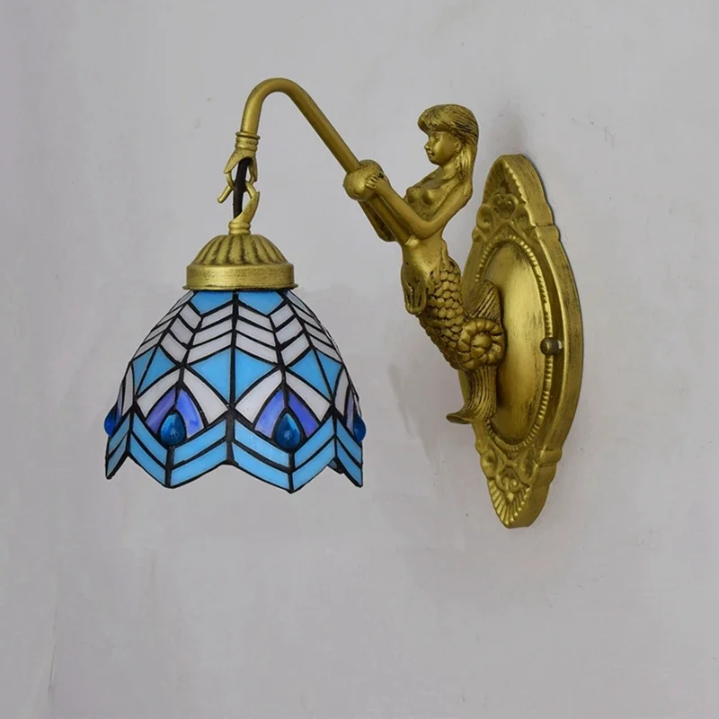 15Cm Mediterranean Style Tifany Stained Glass Led Mermaid Copper Wall Lamp for Living Room Bedside Hotel Corridor Wall Lamp