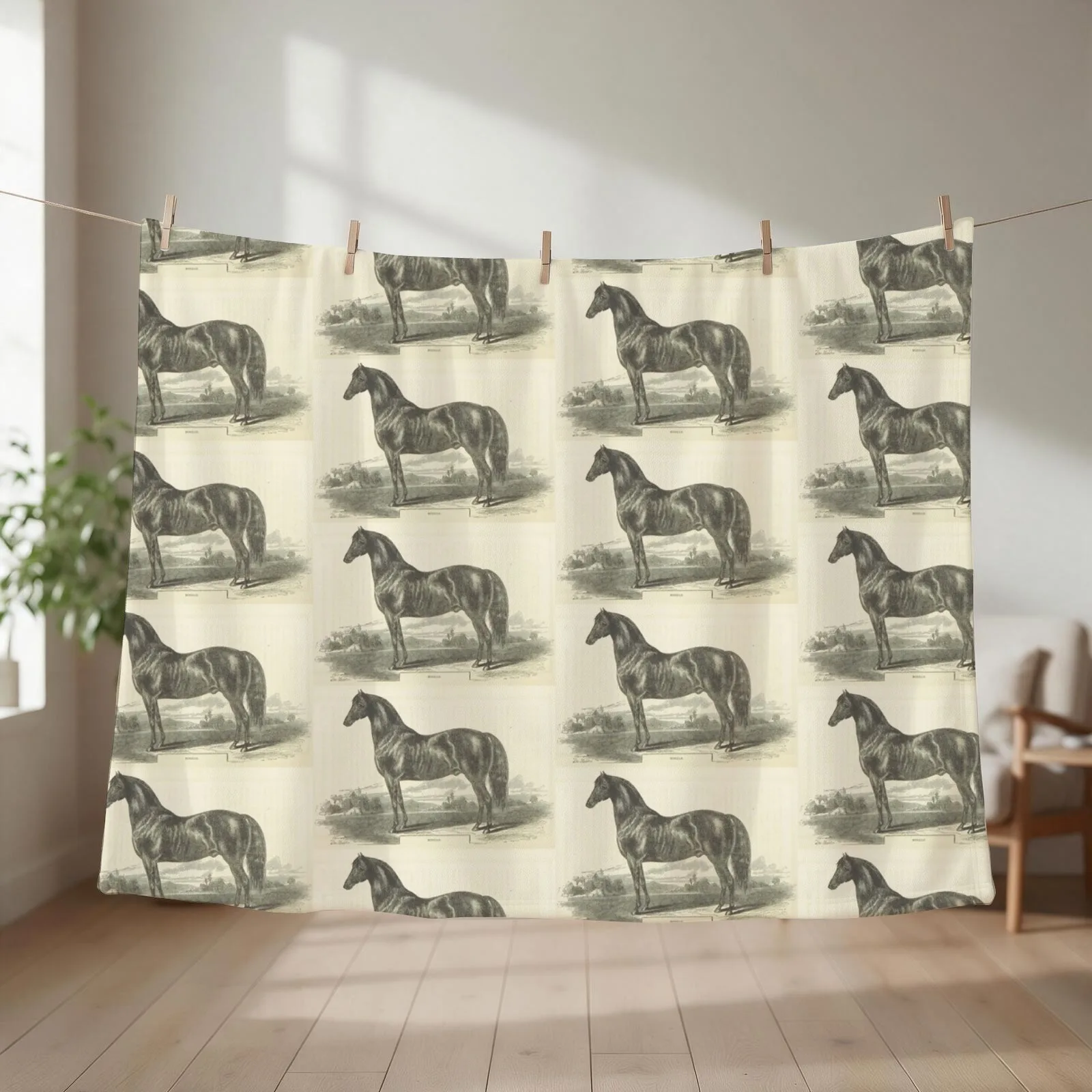 Vintage Morgan Horse Etching Throw Blanket Tourist Summer Vintage Furrys Blankets
