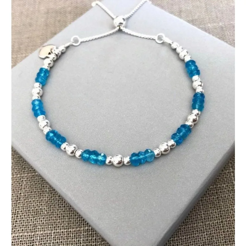 Blue topaz sterling silver heart charm bracelet, silver plated adjustable slider buckle bead bracelet