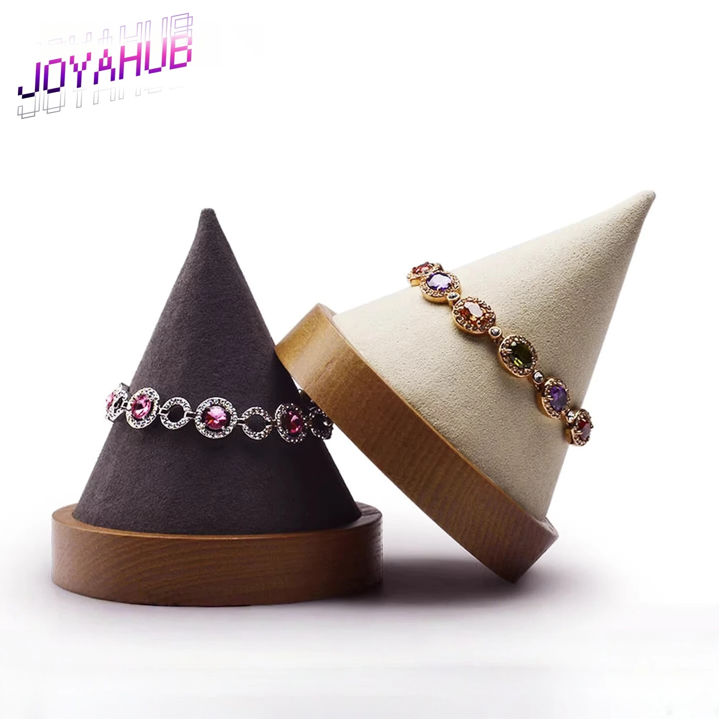 

Customized Logo Creative Solid Wood Conical Bracelet Display Stand Jewelry Prop Gold Silver Jewelry Jade Bracelet Display Stand
