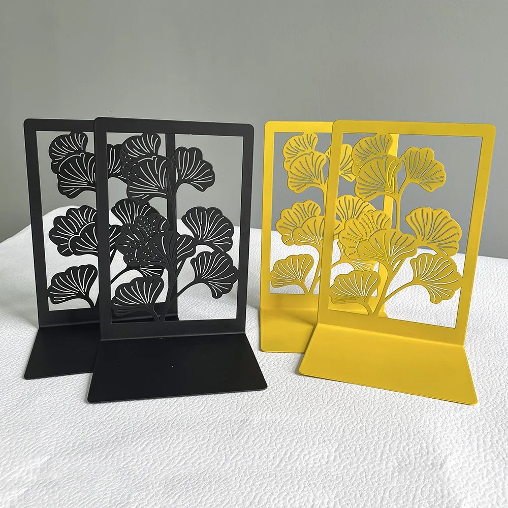 1Pair Vintage Ginkgo Leaf Bookends Hollow Plant Office Table Retractable Book Holder Exquisite Black & Yellow Book Support Gift