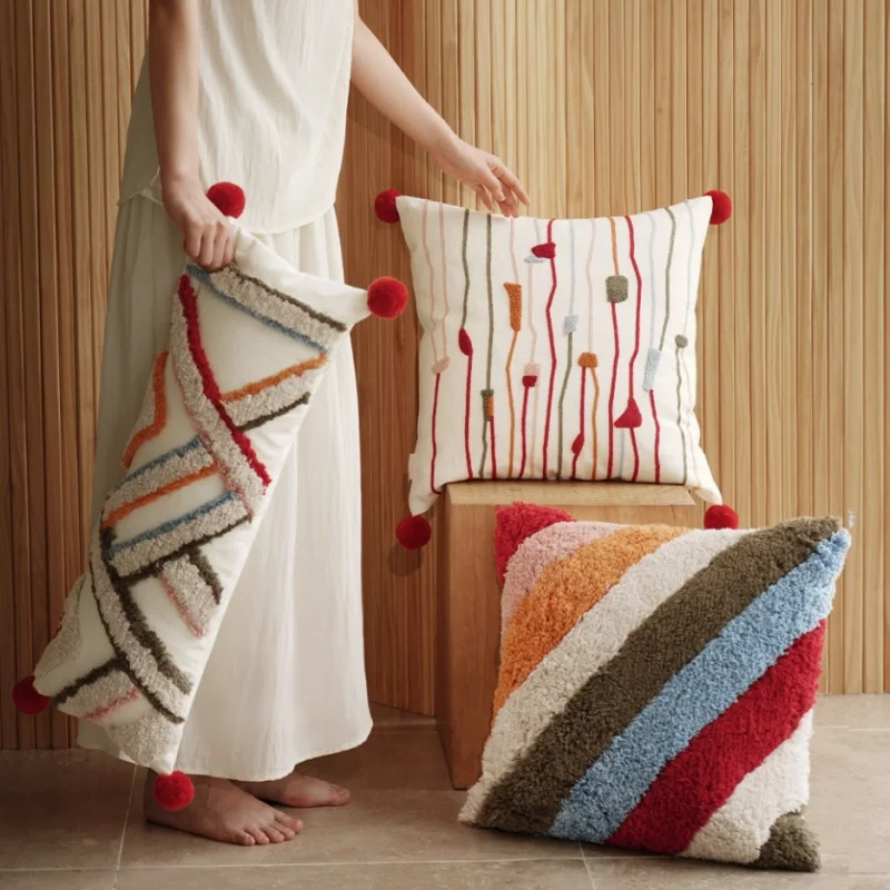 Colorful Tufting Pillows Rainbow Geometric Cushion Case Joyful Holiday Decorative Pillow Cover For Sofa Chair Home Decorations