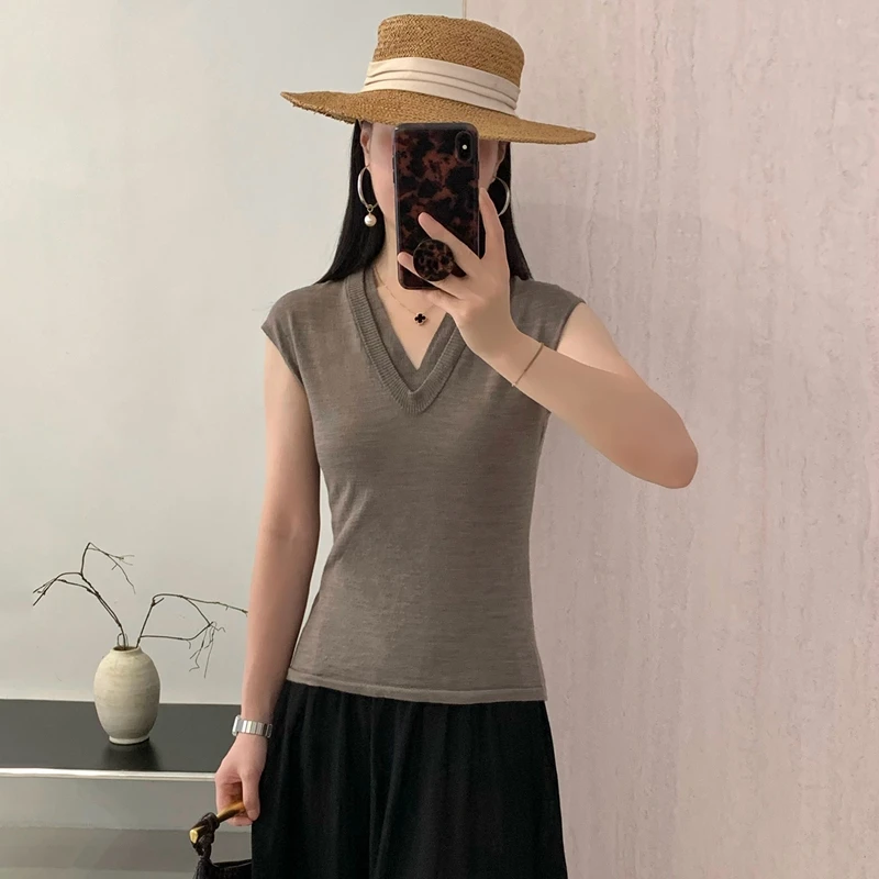 

Весенне-летний женский пуловер с двойным V-образным вырезом и коротким рукавом, приталенный жилет из 100% тонкопряденой шерсти, машинная стирка, шерстяной топ
