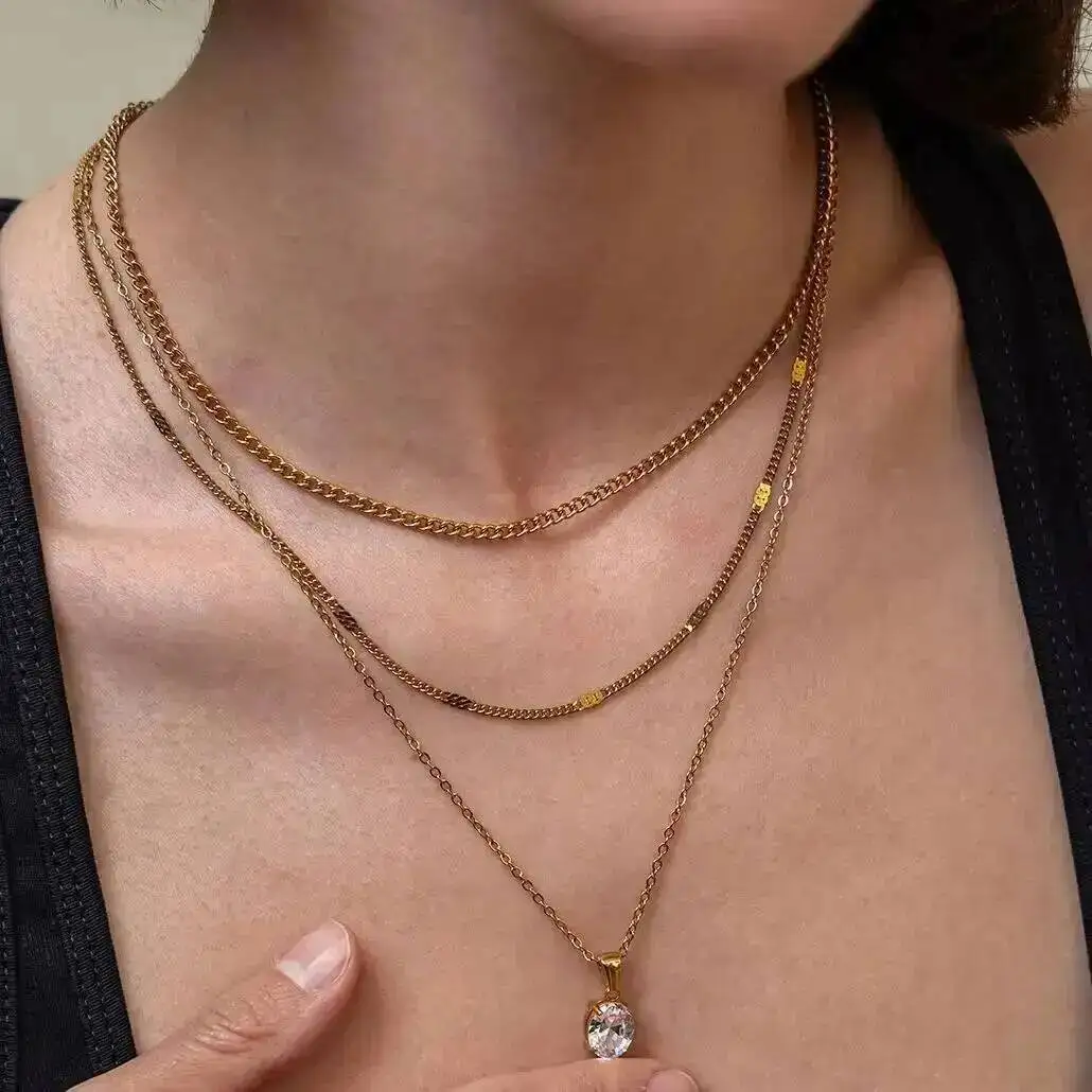 

SHIXIN 3Pcs/set Classic 18K Gold Plated Stainless Steel Glass Zircon Pendant Necklace Women Stackable Chain Neck Banquet Jewelry