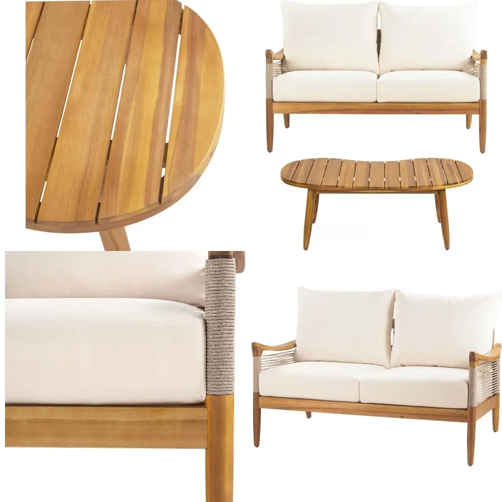 

Havets 2 Piece Patio Contion Sets, Outdoor Acacia Wood Patio Seating Group,Woven Rope Loveseat with Cushions and Coee Table or P