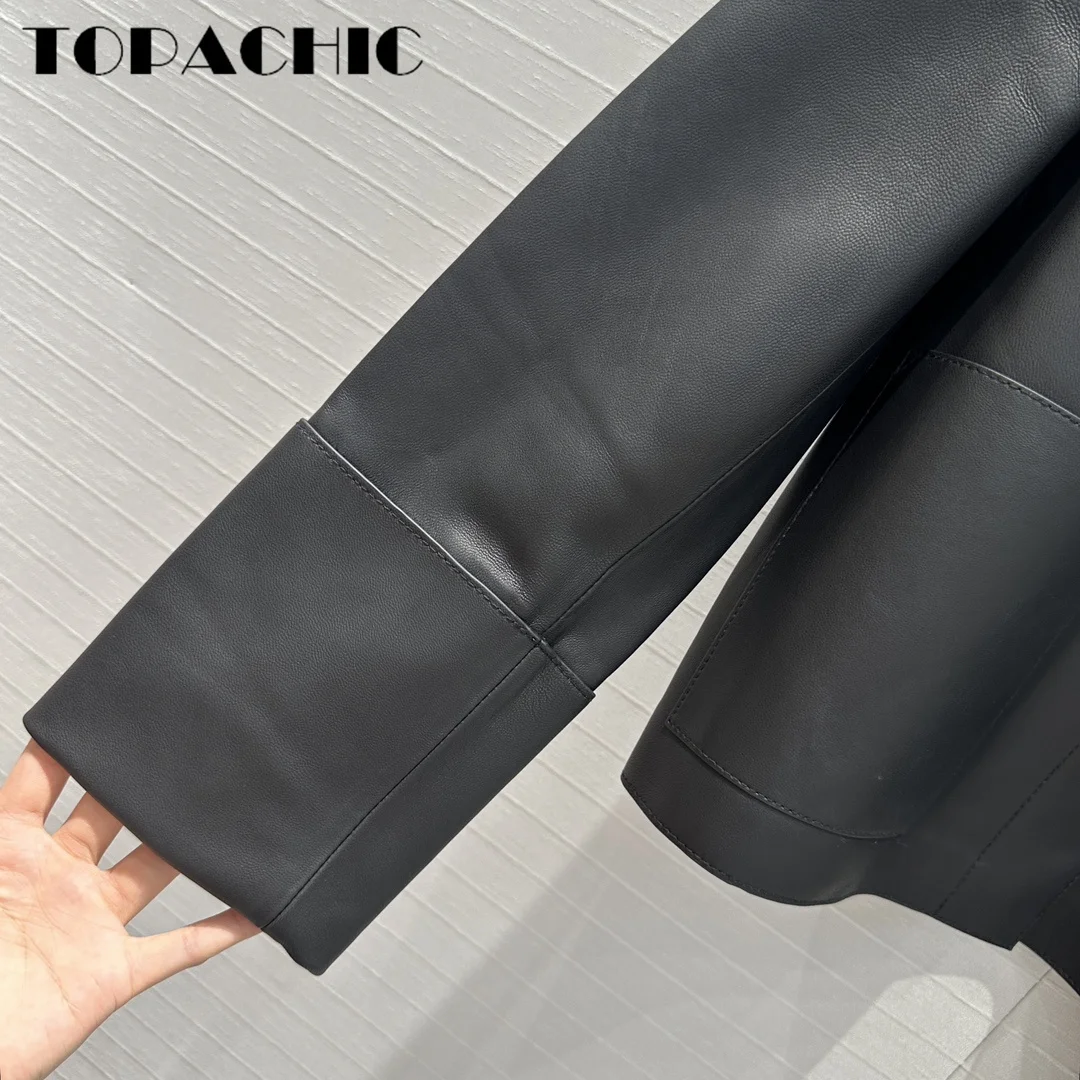 TOPACHIC-Chaqueta corta de piel de oveja para mujer, Abrigo recto de manga larga con solapa, empalmado, 7,13