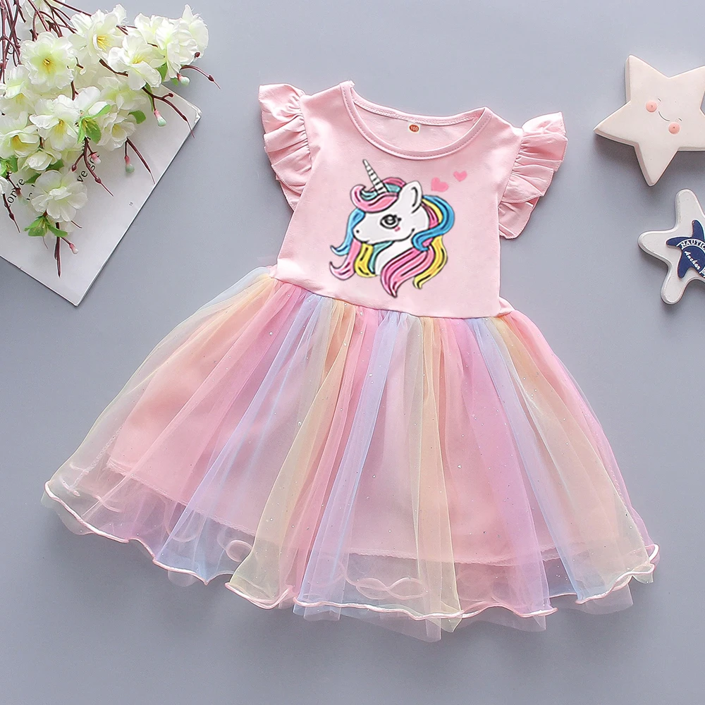 

Kids Dress 2025 New Summer Princess Dresses Flying Sleeve Clothes Girls Unicorn Party Baby Dresses For Children Clothing 3-8Y